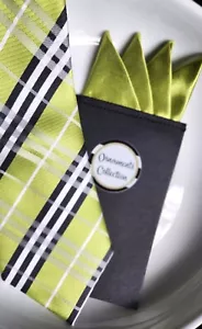 LIME GREEN B&W 100% silk NECK TIE Mens Dress Ladies Saddleseat w POCKET SQUARE - Picture 1 of 5