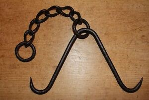 Antique Wrought Iron Gambrel/Butchers/Game Hook with Chain Meat/Beam/Hanging