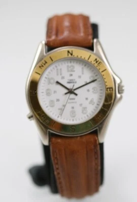 Timex Uomo Orologio Acciaio Inox Argento Oro pelle Marrone Luce Wr Bianco Quarzo - Immagine 1 di 4