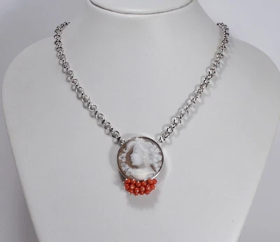 COLLANA  ARGENTO 925  ROLLO CON CAMMEO SARDONICO E CORALLO ROSSO       AGLN 0247 - Immagine 1 di 3