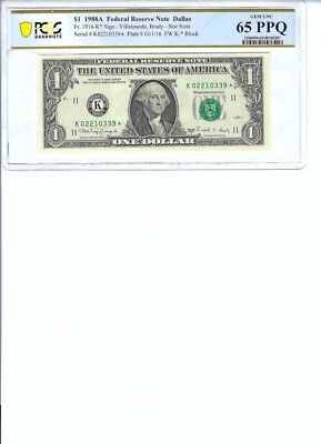 1988 $1 FRN FR1916-K* PCGS Bnk 65 PPQ, Dallas * Note S/N K02210399*!!! - Image 1 of 2