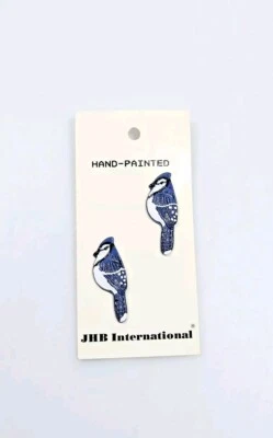 JHB Vintage Handpainted Blue Jay Bird New On Card Set Of 2 - Image 1 of 2