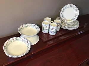 Libbey Country Snowmen in Pine Tree Forest Blue Trim 16 Piece Set Service for 4 - Picture 1 of 13