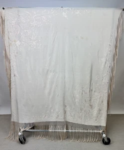 Antique 1920s Large Floral Embroidered Silk Piano Shawl cream & Fringe As Is - Picture 1 of 16