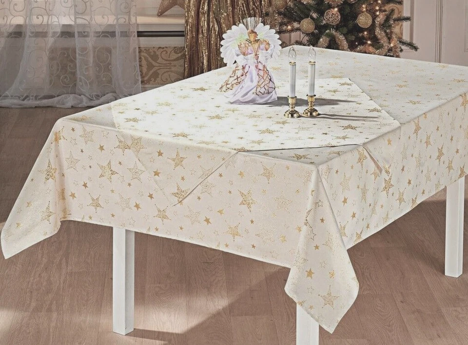 FESTLICHE WEIHNACHTSTISCHDECKE CREME GOLDENE GLITZERSTERNE JAQUARD 130 x 160cm  - Bild 1 von 1
