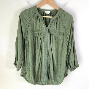 Sundance Womens Size PM Romance Textured Blouse Crochet Lace Detail Olive Top - Picture 1 of 10