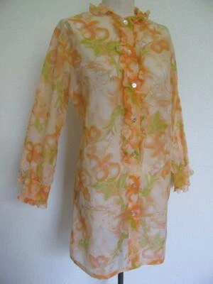 Vintage 60s Nightshirt Robe Nightie S Mod Floral Button Down Ruffle Chiffon - Image 1 of 4