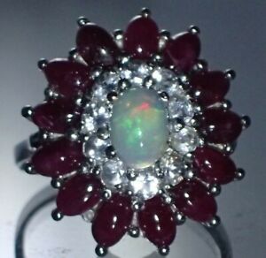 Fire Opal-Red Ruby-White Topaz 14K White Gold Plate on 925 Silver 8.5 Ring #1487