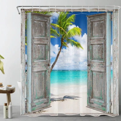 Conjunto de cortina de chuveiro de praia rústica vintage porta celeiro azul oceano para decoração de banheiro - Imagem 1 de 4