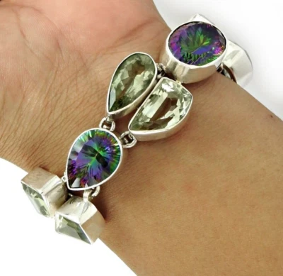 Natural Mystic Topaz Green Amethyst Gemstone 925 Sterling Silver Chain Bracelet - Image 1 of 4