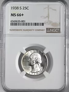1938-S 25C WASHINGTON SILVER QUARTER GEM NGC MS66+ "PLUS GRADE" #6569635-001 - Picture 1 of 4