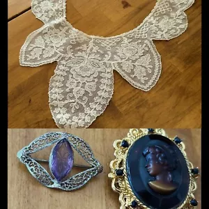 Viktorianischer edwardianischer französischer Mode Ecru Spitzenkragen mit Kamee & filigraner Brosche - Bild 1 von 24