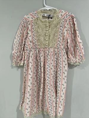 Zara Girls Rhinestone Lace Floral Print Dress Balloon Sleeve Dress Sz 9 - Image 1 of 4