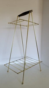 Vintage Mid Century Modern Brass Rod & Wood Record Magazine Holder Rack - Picture 1 of 10