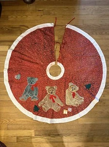 Antique Hand Made Christmas Tree Skirt Red Teddy Bear Applique 41” Across Folk - Picture 1 of 11
