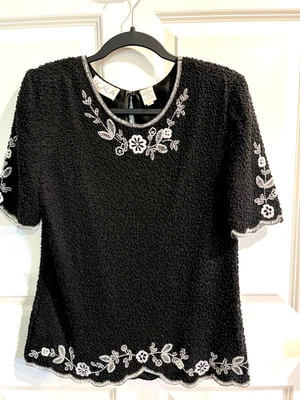 Винтажный SCALA средний 100% чистый шелк бисером верхний черный классический блузка - Изображение 1 из 3