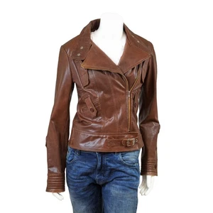 Chaqueta de motocicleta Feminin Touch para mujer de cuero marrón suave súper ajustada - Imagen 1 de 5