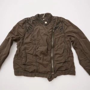 Free People Dark Grey Washed Cotton Embroidered Moto Jacket Women's Size 6 - Picture 1 of 7