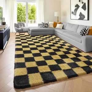 Alfombras de área para dormitorio sala de estar, 4x6 negras y doradas esponjosas suaves a cuadros R... - Imagen 1 de 7