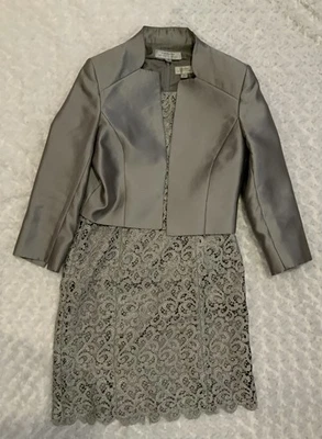 Tahari Levine Luxe Vestido de Encaje Crochet Blazer Conjunto de Traje Gris Plateado Para Mujer’s 8 Foto 1 de 4