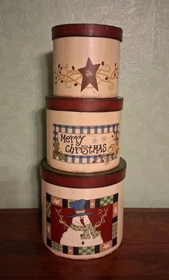 Christmas Round Nesting Stacking Storage Box Set 3 Pc Snowman Primitive NEW - Image 1 of 4