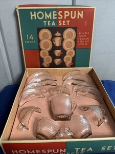 Jeannette HOMESPUN PINK 14 PC CHILD'S TEA SET W/BOX - Picture 1 of 15