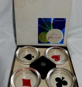 Federal Glass Company Playing Card Glass Ash Tray Party Set of 4 In Box - Picture 1 of 3