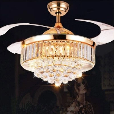 Lámpara LED de cristal dorado de 42" con ventilador de techo invisible lámpara de techo con control remoto Foto 1 de 4