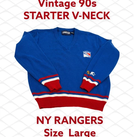 Vintage STARTER NHL NEW YORK RANGERS V-NECK ACRYLIC SWEATER LOGO PATCH LARGE Cover