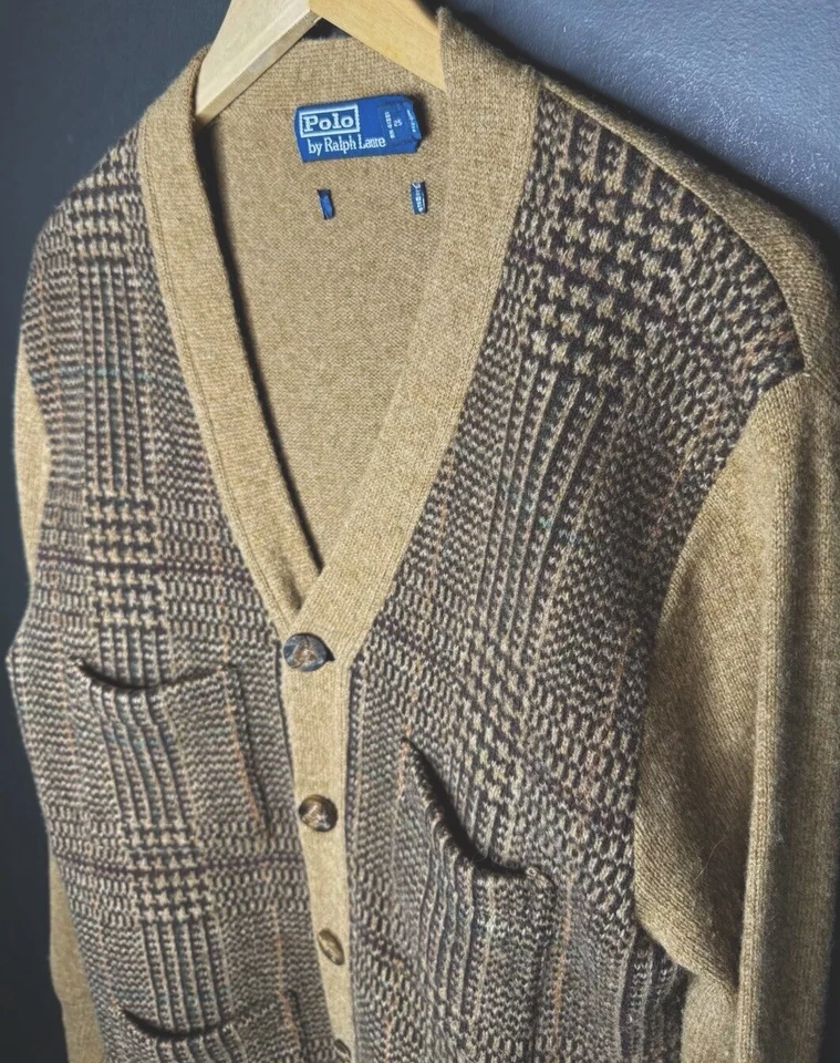 Cárdigan Polo Ralph Lauren Mediano Pata de Gallo Cuero Cachemir RRL Caballeros Tweed Foto 1 de 4