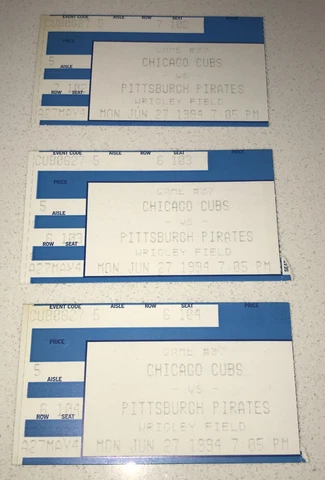 6/27/94 Pirates/ Chicago Cubs Wrigley MLB Ticket Stub Hunter HR Willie Banks Win Cover