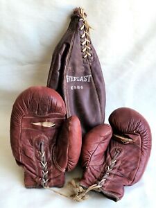 Vintage EVERLAST Leather PUNCHING Speed BAG & Dark Red LEATHER BOXING GLOVES 