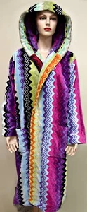MISSONI GIACOMO HOODED COTTON TERRY BATH ROBE CHEVRON LARGE GREEN VIOLET ITALY - Picture 1 of 3