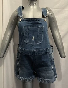 Denim Overalls Women's XL Blue Adjustable Short Length Fringe Ripped - Picture 1 of 6