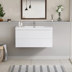 Allreno - 42" Wall-Mounted Single Sink Bathroom Vanity Cabinet in White - Picture 1 of 16