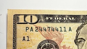 $10 Dollar Bill 2017 A Circulated Fancy Doubles Serial Number PA 2 44 7 44 11 A - Picture 1 of 3