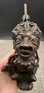 Vintage Hand-Carved Bronze and Metal Tikar African Tribal Smoking Pipe - Picture 1 of 9