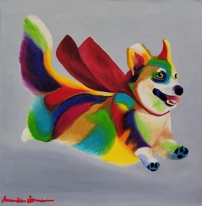 Regenbogen Abstrakt Corgi Ölgemälde Bunt Hund Portrait Original 14x14 - Bild 1 von 5