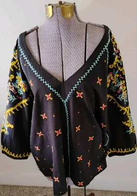 Top Campesino SUNDANCE Negro Bordado Boho Manga Globo Lino XXL NUEVO CON ETIQUETAS Foto 1 de 4