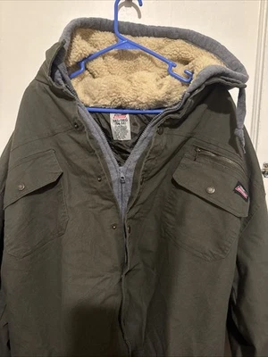Chaqueta de trabajo vintage Dickies XXL de lona verde con capucha cremallera completa, acolchada, pesada Foto 1 de 4