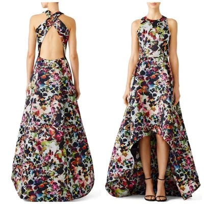 Vestido ML Monique Lhuillier Multi Floral Alto Bajo Negro Rosa Cruz - Talla 0 Foto 1 de 4