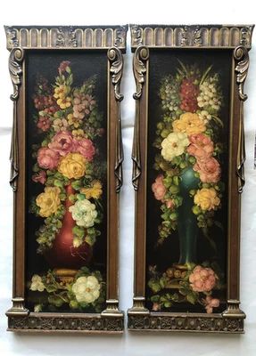 PAIR 27" Antique Floral Still Life Oil Painting on Board Panel Ornate Framed - Image 1 of 4