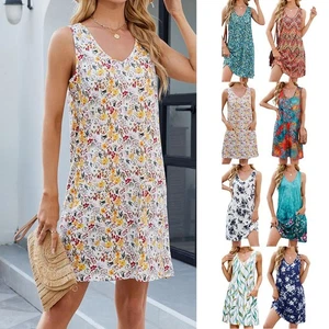 Lightweight Suitable for Summer Loose Fit Dress Women Sleeveless Printed Halter - Picture 1 of 68