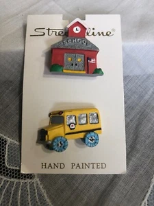 Vintage 1" Buttons On Card Hand Painted Streamline School & Bus 12-28 - Picture 1 of 3