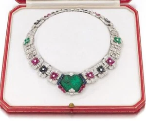 Hexagonal Carved Lab Emerald Gem set CZ Necklace 925 Sterling Silver ,Circa 1930 - Picture 1 of 8