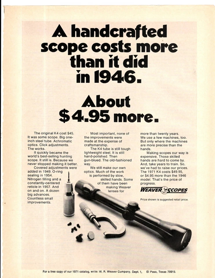 1971 Печатная реклама Weaver прицелы ручной работы стоит дороже, чем в 1946 - Изображение 1 из 1