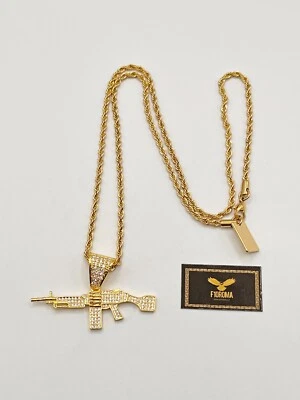 Collana in ottone placcato in oro con ciondolo mitragliatrice e cz anallerg. - Immagine 1 di 2
