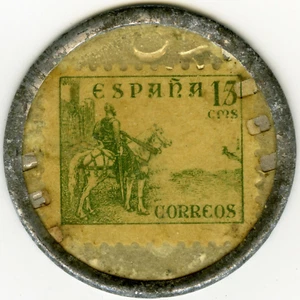 ☆ SPAIN ☆ CIVIL WAR ENCASED POSTAGE STAMP ☆15c KATE HEPBURN FILM☆ TIMBRE MONNAIE - Picture 1 of 3