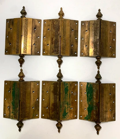 6 Antique brass lift off DOOR HINGES, heavy duty, Art Deco design, 4 L, 2R Cover