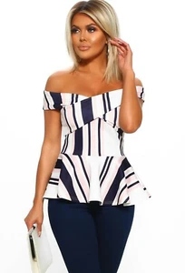 Top rosa boutique Love Not War a righe Bardot Peplum taglia 10 nuovo con etichette £21,99 multi - Foto 1 di 9